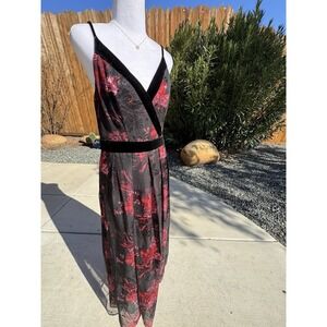 Karen Millen Devore Floral Red Black Velvet Trim Long Gown Maxi Dress Size 12